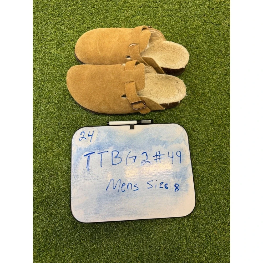KIDMI Mens Suede Clogs‎ Faux Shearling Lined Buckle Mules Tan Size 8